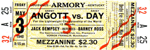 Sammy Angott-Davey Day Official Onsite Boxing Ticket (1940)